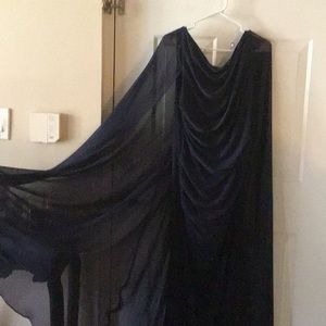 Floor length Mother of the Groom dress: Navy blue with attached cape.